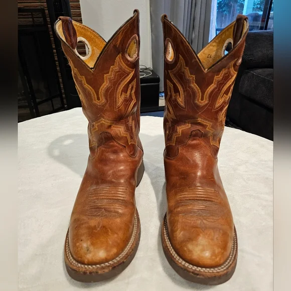 Justin Men's Cowboy Boots Brown Leather Sz 9 EE GUC - Picture 3 of 10